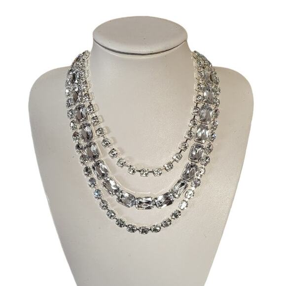 Silver Crystal Costume White Crystal Necklace 3 strand adj size - Picture 5 of 6